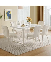 Cream-Style Dining Table Set with 6 Vertical-Back Chairs. White Mdf Tabletop, Metal Legs.