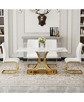 Luxury Sintered Stone Dining Set: 63" Tabletop, Gold Legs, 4 Pu Cushioned Chairs