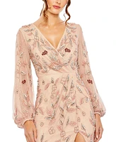 Mac Duggal Women's Long Sleeve Floral Beaded V Neck Gown w/ Slit