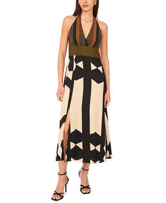Vince Camuto Women's Mixed-Print V-Neck Maxi Halter Dress