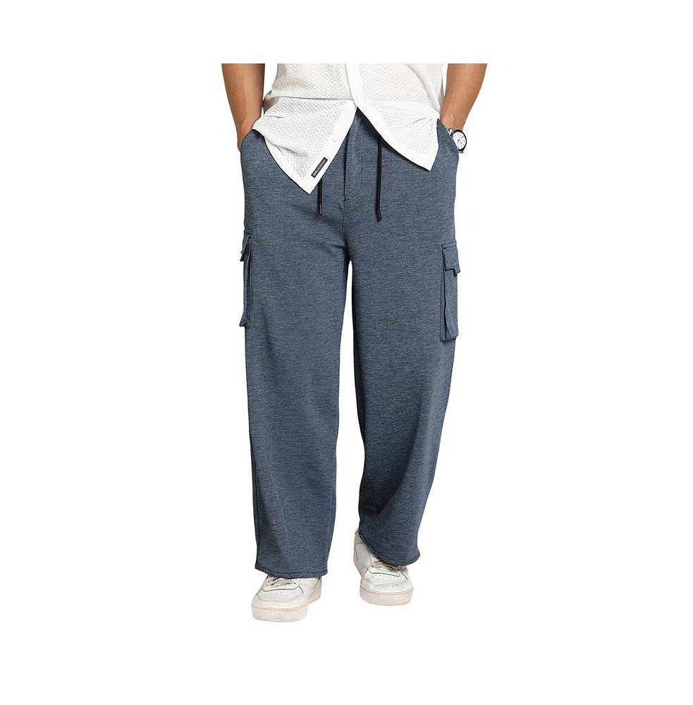 Campus Sutra Men's Prussian Blue Heathered-Relaxed Cargo Trousers