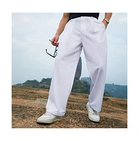 Campus Sutra Men's Cream White Straight-Fit Ribbed Trousers