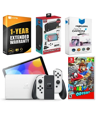 Nintendo Switch White Oled Console with Super Mario Odyssey, Surge Accessory Gaming Kit, MightySkins Console and Controller Skin Voucher