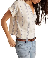 Lucky Brand Women's Embroidered Cotton Cuffed-Sleeve Top