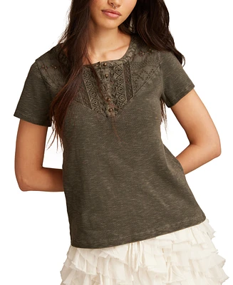Lucky Brand Women's Cotton Cutwork Henley Tee