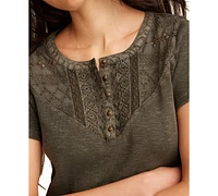 Lucky Brand Women's Cotton Cutwork Henley Tee