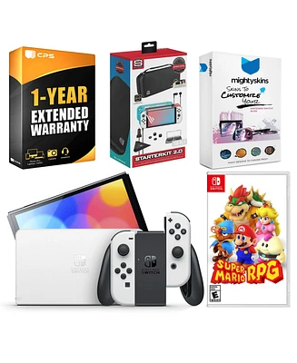 Nintendo Switch White Oled Console with Super Mario Rpg, Surge Accessory Gaming Kit, MightySkins Console and Controller Skin Voucher