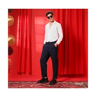 Campus Sutra Men's Prussian Blue Tailored Linen-Blend Trousers