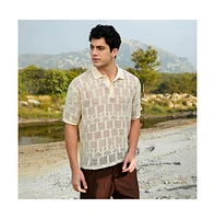 Campus Sutra Men's Buff Beige Geo-Boho Oversized Polo T-Shirt