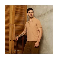 Campus Sutra Men's Peanut Brown Rope-Tactile Cuban Polo T-Shirt
