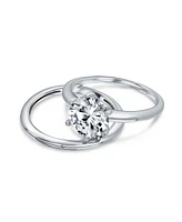 Bling Jewelry Traditional Etoile 3CTW Round Solitaire 6 Prong Cz promise Band Ring Set Yellow Gold Plated.925 Sterling Silver
