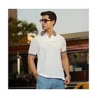 Campus Sutra Men's Chalk White & Pastel Purple Contrast Open-Knit Polo T-Shirt