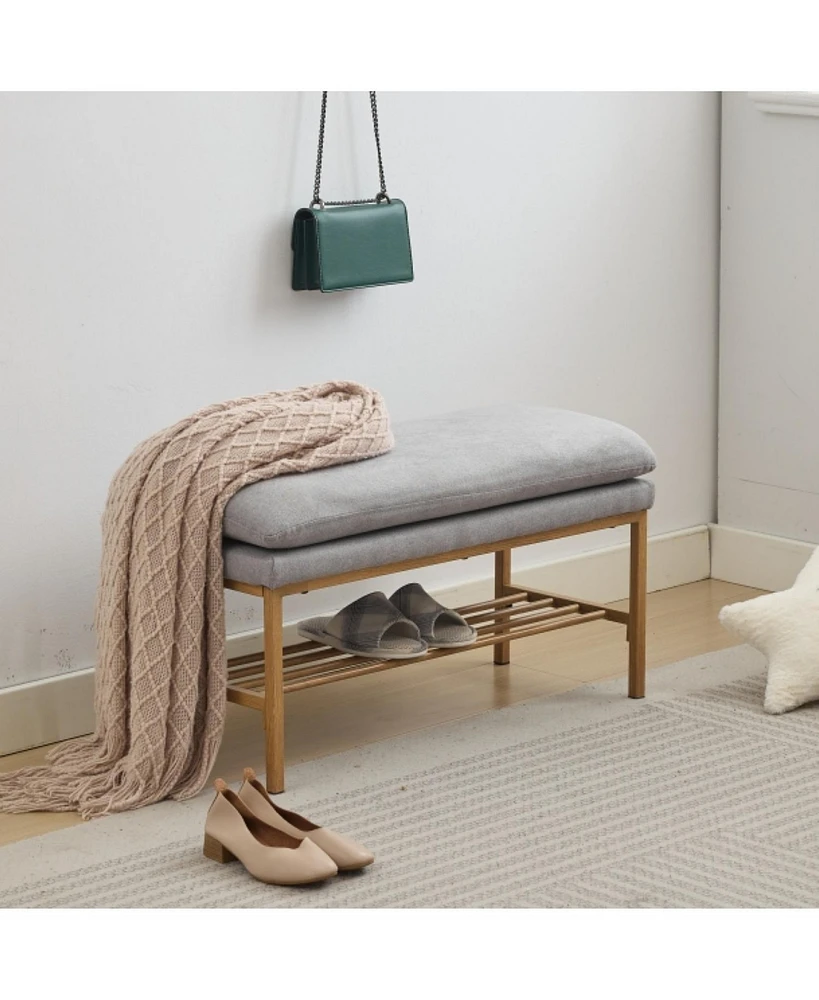 End of Bed Bench with Shelf, Linen Upholstered Storage Shoe Bench, Modern Bedroom Bench with Metal Legs for Living Room, Entryway, Dining Room, 300 Lb