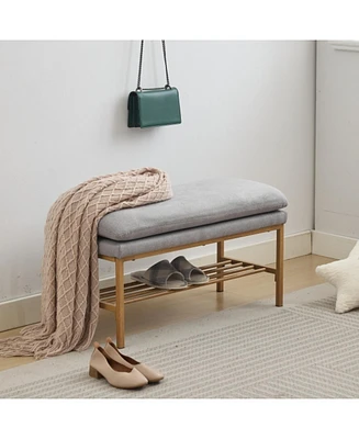 End of Bed Bench with Shelf, Linen Upholstered Storage Shoe Bench, Modern Bedroom Bench with Metal Legs for Living Room, Entryway, Dining Room, 300 Lb
