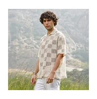 Campus Sutra Men's Off-White Grid Oversized Polo T-Shirt