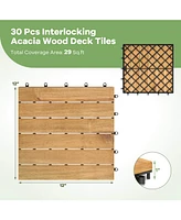 Costway 30 Pcs Acacia Wood Flooring Tiles 12" x 12" Snap-in-place Patio Tiles for Porch