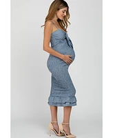 Pinkblush Maternity Blue Gingham Print Smocked Fitted Self-Tie Midi Dress
