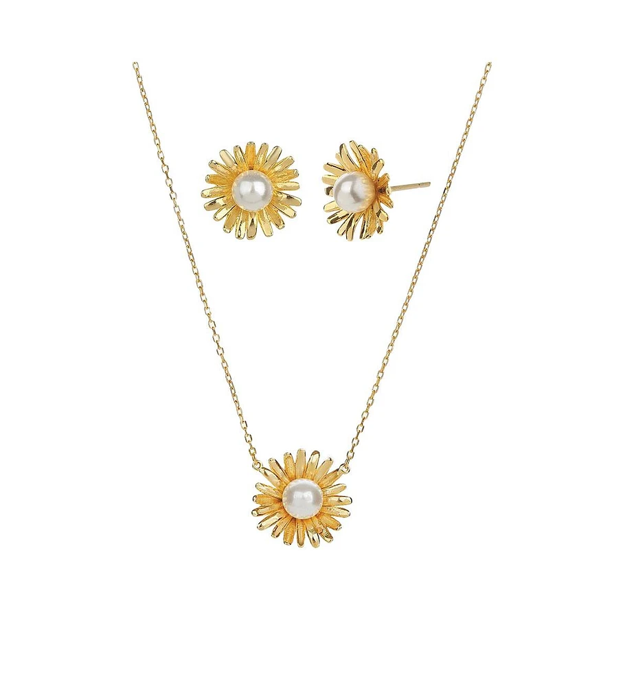 Sterling Silver 18k Gold Plated Flora Culture Pearl Necklace & Stud Earrings Set