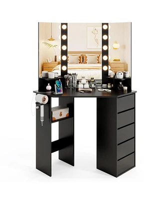 Corner Vanity Desk with 3-Color Led Lighted Mirror and Power Outlet