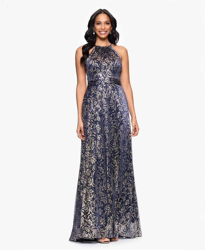 Betsy & Adam Women's Sleeveless Metallic Halter Dress