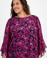 Kasper Plus Bell-Sleeve Ditsy-Print Top