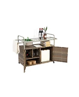 Wicker Bar Cart with Ice Bucket & Steel Top