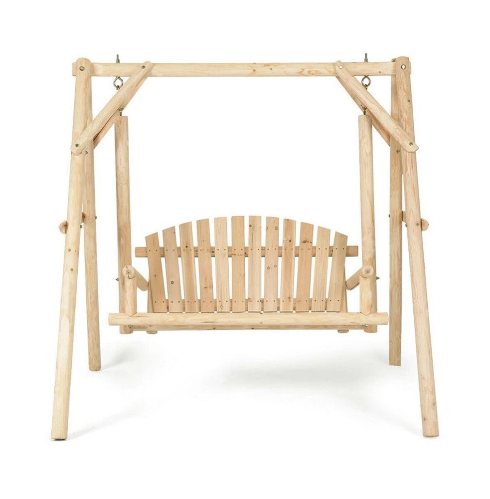 Outdoor Wooden Porch Bench Swing Chair with Rustic Curved Back