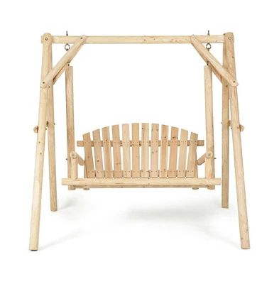 Outdoor Wooden Porch Bench Swing Chair with Rustic Curved Back