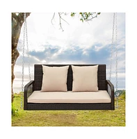 2-Person Outdoor Wicker Porch Swing with Seat and Back Cushions