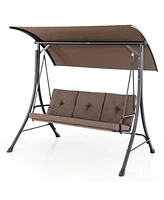 Gymax 3-Seat Outdoor Porch Swing w/ Adjustable Canopy Thickened Cushions Metal Frame