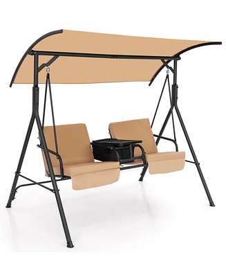 Gymax 2-Person Canopy Porch Swing Padded Chair Cooler Bag Rotatable Tray