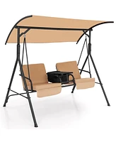 Gymax 2-Person Canopy Porch Swing Padded Chair Cooler Bag Rotatable Tray