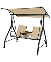 Gymax 2-Person Porch Swing Adjustable Canopy Swing Chair w/ Tempered Glass Table