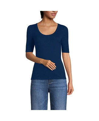 Lands' End Women's Drapey Rib Fitted Elbow Sleeve Scoop Neck Tee