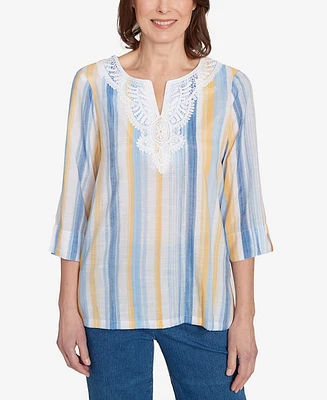 Alfred Dunner Petite Flower Power Striped Detail Button Front Top