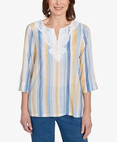 Alfred Dunner Petite Flower Power Striped Detail Button Front Top