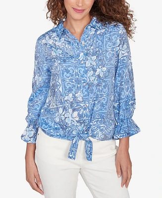 Ruby Rd. Petite Silky Floral Tile Button Tie Front Top