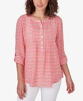 Ruby Rd. Petite Gingham Silky Henley Crew Neck Top