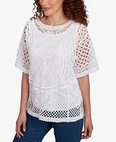 Ruby Rd. Petite Floral Blocked Crochet Sweater