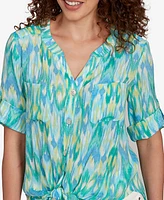 Ruby Rd. Petite Paradise Ikat Button Tie Front V-Neck Top
