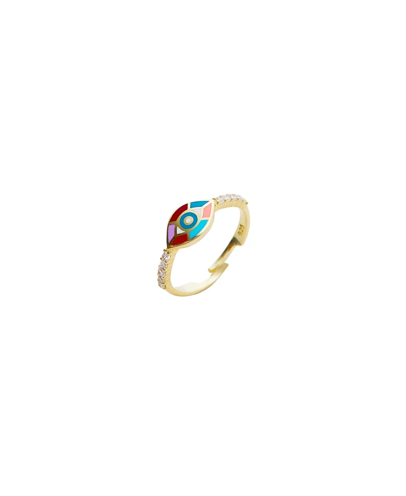 Spero London Enamel Five Color Evil Eye Sterling Silver Signet Ring