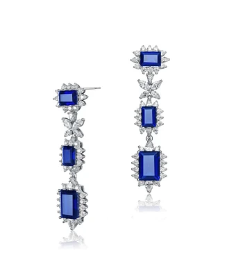 Sterling Silver with White Gold Plated Colored Cubic Zirconia Halo Three-Tier Earrings