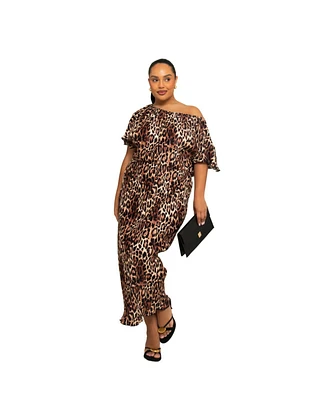 Fashion-szn Curve Plus Short Sleeve Leopard Plisse Midi Dress