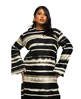 Fashion-szn Curve Plus Long Sleeve Striped Plisse Midi Dress