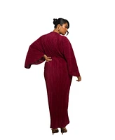 Fashion-szn Curve Plus Long Sleeve V-Neck Burgundy Maxi Dress