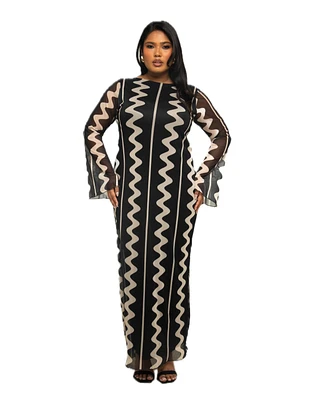 Fashion-szn Curve Plus Long Sleeve Monochrome Print Maxi Dress