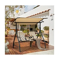 2-Seat Outdoor Cushioned Porch Swing with Adjustable Canopy and Tempered Glass Table