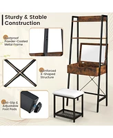 Ladder Vanity Desk Set with Flip Top Mirror and Cushioned Stool