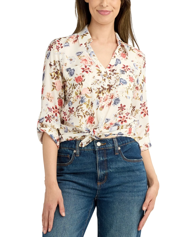 Bcx Juniors' Tie-Hem Floral-Print Shirt