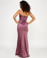 Emerald Sundae Juniors' Iris Sateen Corset-Bodice Slit Gown